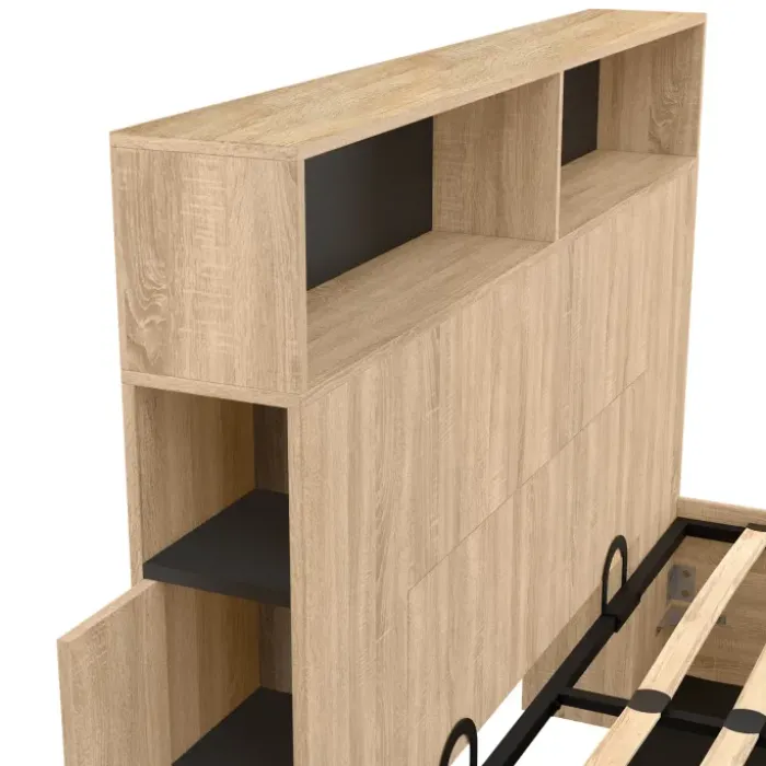 Lit coffre double 140x190 cm avec tête de lit façon hêtre et noir