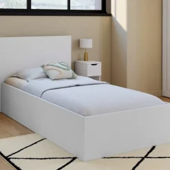 Lit coffre simple avec tête de lit et sommier 90 x 190 cm blanc