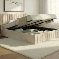 Lit coffre velours beige 140x190 avec sommier et tête de lit