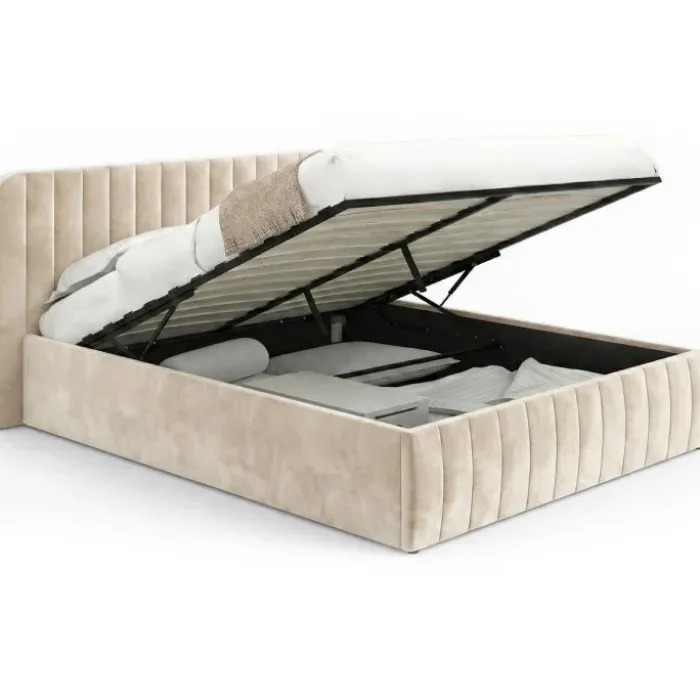 Lit coffre velours beige 140x190 avec sommier et tête de lit