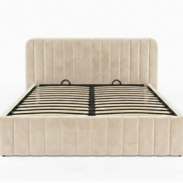 Lit coffre velours beige 140x190 avec sommier et tête de lit