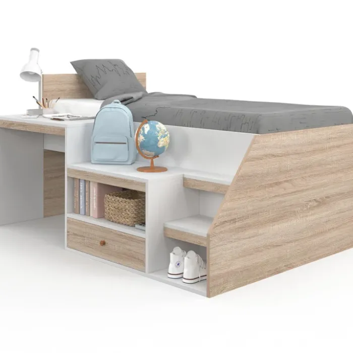 Lit combiné avec sommier, bureau et rangement 90 x 190 cm hêtre et blanc