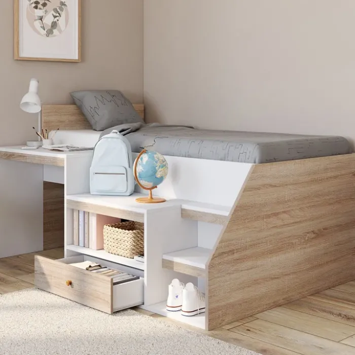 Lit combiné avec sommier, bureau et rangement 90 x 190 cm hêtre et blanc