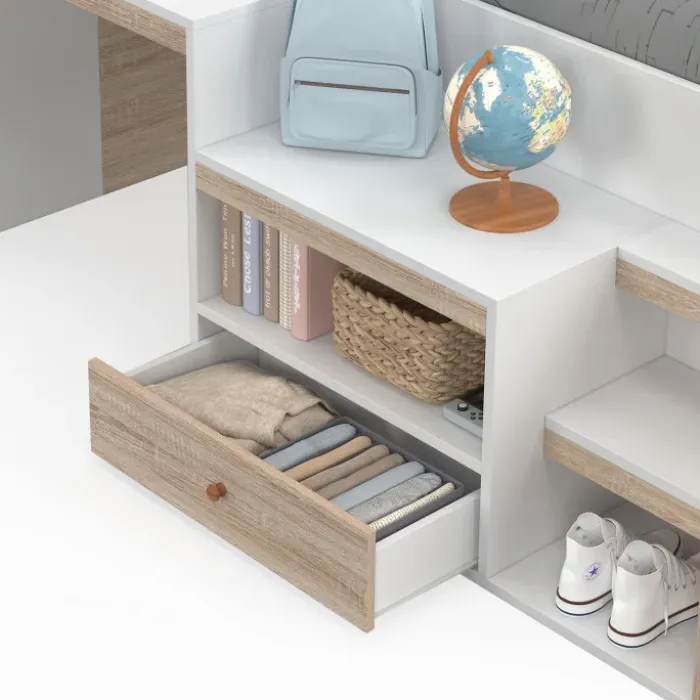 Lit combiné avec sommier, bureau et rangement 90 x 190 cm hêtre et blanc