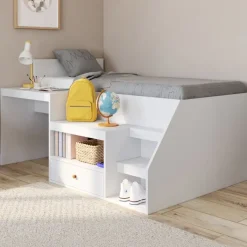 Lit combiné 90x190 cm avec bureau et rangements bois blanc