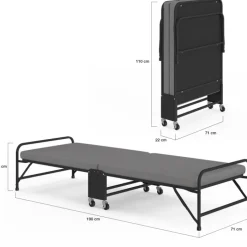Lit d’appoint pliant 1 personne en métal avec sommier et matelas 70x190 cm gris et noir