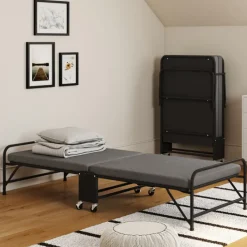 Lit d’appoint pliant 1 personne en métal avec sommier et matelas 70x190 cm gris et noir