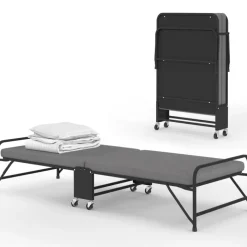 Lit d’appoint pliant 1 personne en métal avec sommier et matelas 70x190 cm gris et noir