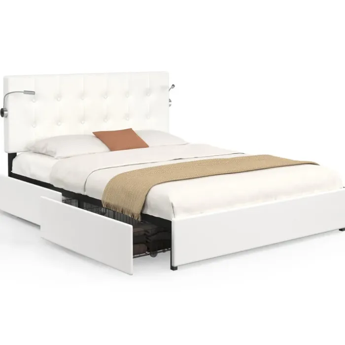 Lit double 140 x 190 avec liseuses et 2 tiroirs sur roulettes