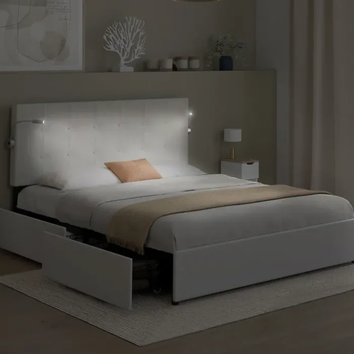 Lit double 140 x 190 avec liseuses et 2 tiroirs sur roulettes