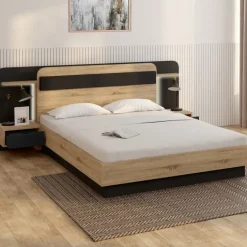 Lit double 140 x 190 cm avec sommier, tête de lit, chevets suspendus et étagère