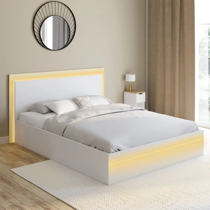 Lit double 140 x 190 cm avec sommier et LED intégrées blanc