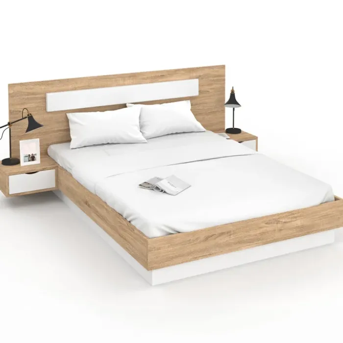 Lit double 140 x 190 cm avec tête de lit et tables de chevet bois et blanc