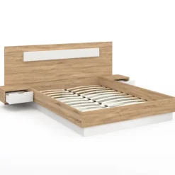 Lit double 140 x 190 cm avec tête de lit et tables de chevet bois et blanc