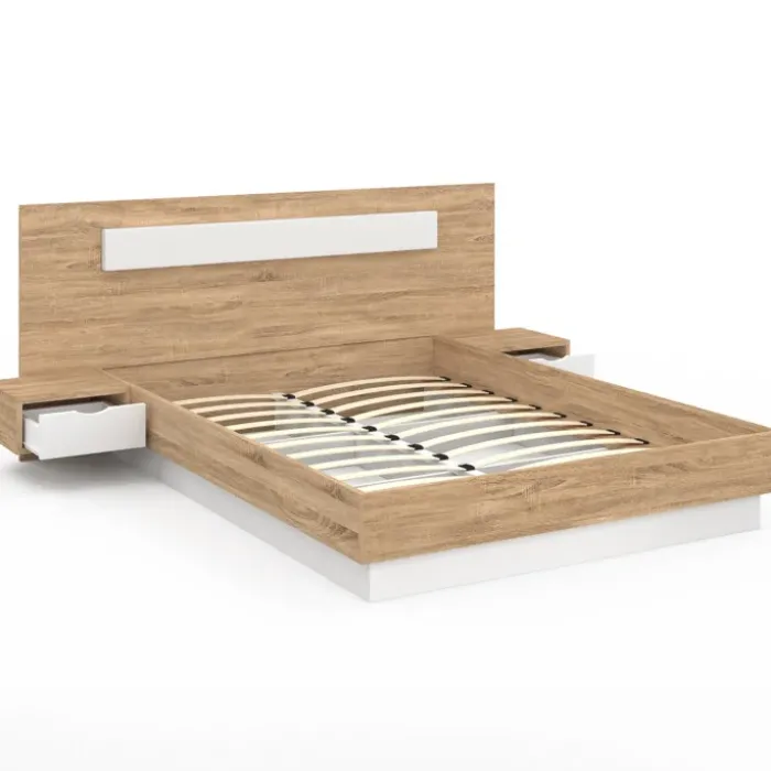 Lit double 140 x 190 cm avec tête de lit et tables de chevet bois et blanc