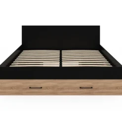 Lit double avec rangement 140x190 cm avec tête de lit hêtre et noir