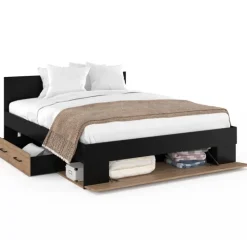 Lit double avec rangement 140x190 cm avec tête de lit hêtre et noir