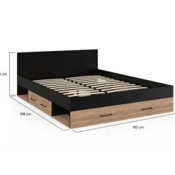 Lit double avec rangement 140x190 cm avec tête de lit hêtre et noir