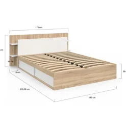 Lit double avec rangements, sommier et tête de lit 140 x 190 cm bois et blanc