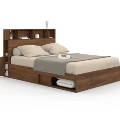 Lit double avec rangements + tête de lit et sommier 140 x 190 cm effet noyer
