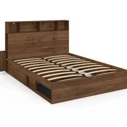 Lit double avec rangements + tête de lit et sommier 140 x 190 cm effet noyer
