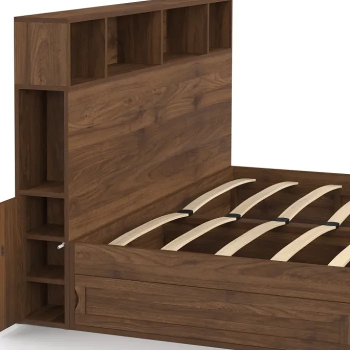 Lit double avec rangements + tête de lit et sommier 140 x 190 cm effet noyer