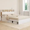 Lit double avec rangements + tête de lit et sommier 160 x 200 cm blanc et hêtre