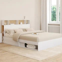 Lit double avec rangements + tête de lit et sommier 160 x 200 cm blanc et hêtre