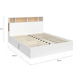 Lit double avec rangements + tête de lit et sommier 160 x 200 cm blanc et hêtre
