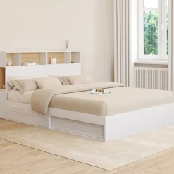 Lit double avec rangements + tête de lit et sommier 160 x 200 cm blanc et hêtre