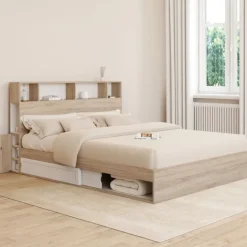 Lit double avec rangements + tête de lit et sommier 160 x 200 cm hêtre et blanc