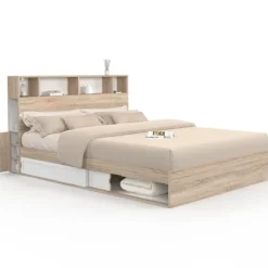 Lit double avec rangements + tête de lit et sommier 160 x 200 cm hêtre et blanc