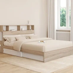 Lit double avec rangements + tête de lit et sommier 160 x 200 cm hêtre et blanc