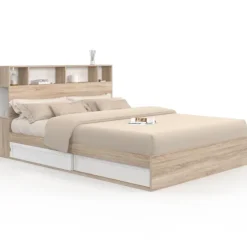 Lit double avec rangements + tête de lit et sommier 160 x 200 cm hêtre et blanc