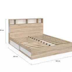 Lit double avec rangements + tête de lit et sommier 160 x 200 cm hêtre et blanc
