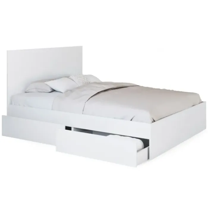 Lit double blanc 4 tiroirs sur roulettes avec tête de lit