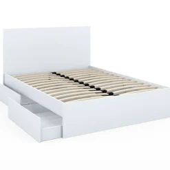 Lit double blanc 4 tiroirs sur roulettes avec tête de lit