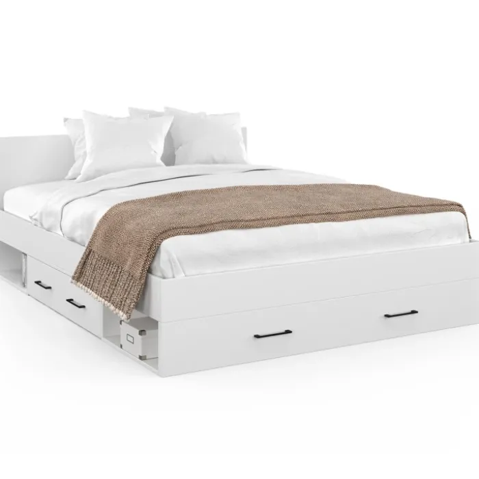 Lit double blanc 140x190cm avec tête de lit et rangements