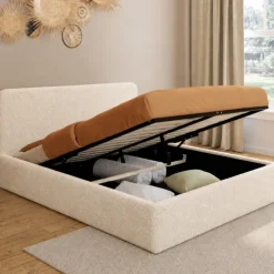 Lit double coffre de 140 x 190 cm en tissu bouclette avec des rangements XL, une tête de lit et un sommier