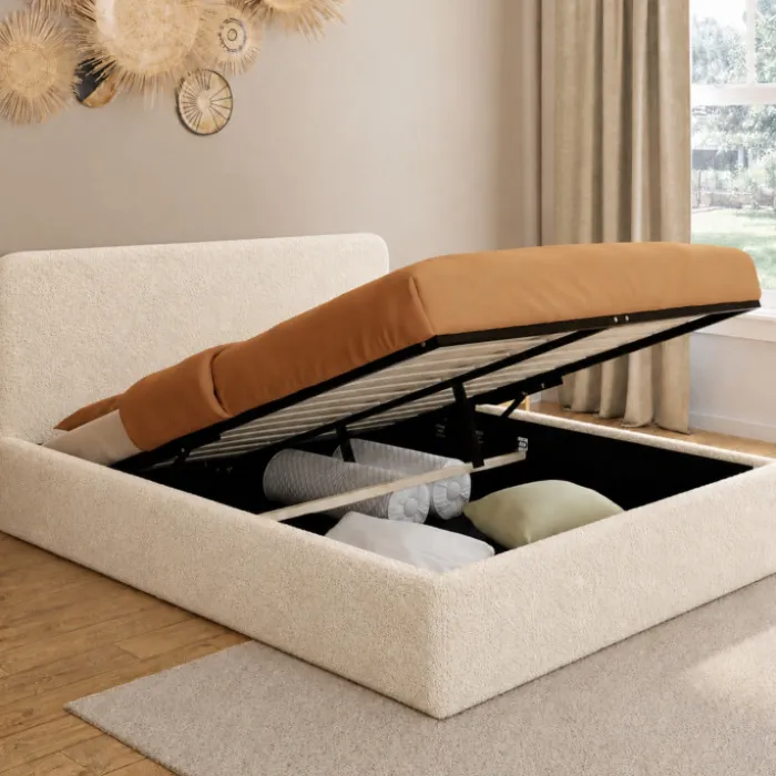 Lit double coffre de 140 x 190 cm en tissu bouclette avec des rangements XL, une tête de lit et un sommier
