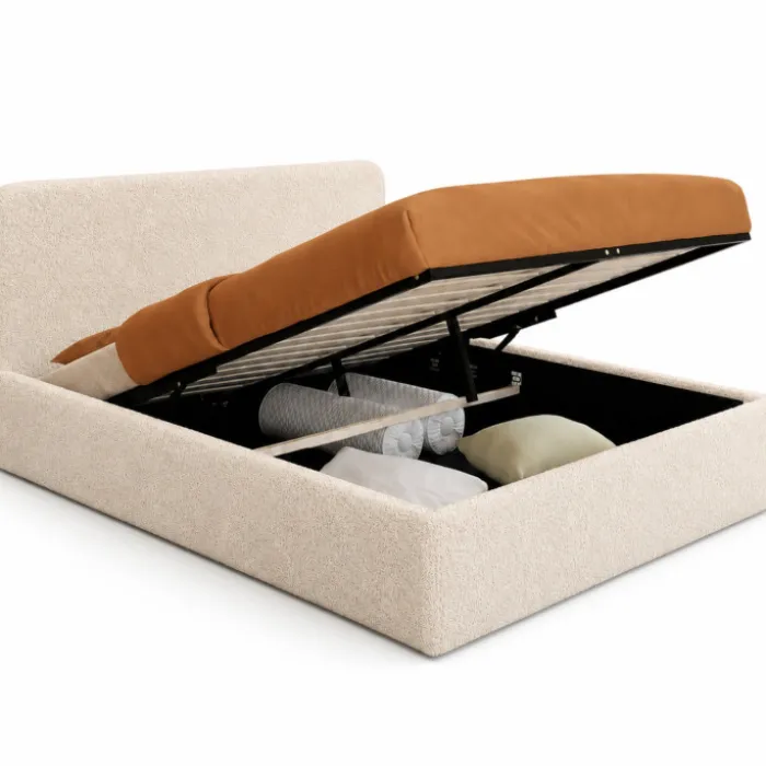 Lit double coffre de 140 x 190 cm en tissu bouclette avec des rangements XL, une tête de lit et un sommier