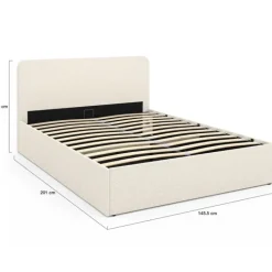 Lit double coffre de 140 x 190 cm en tissu bouclette avec des rangements XL, une tête de lit et un sommier
