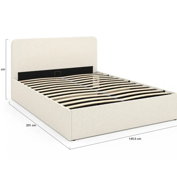 Lit double coffre de 140 x 190 cm en tissu bouclette avec des rangements XL, une tête de lit et un sommier
