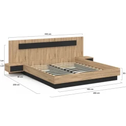 Lit double de 180 x 200 cm avec tête de lit, tables de chevet et sommier bois et noir