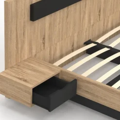 Lit double de 180 x 200 cm avec tête de lit, tables de chevet et sommier bois et noir