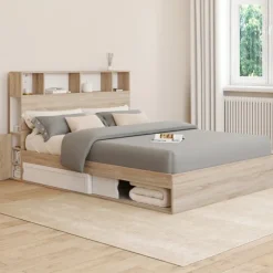 Lit double hêtre et blanc avec rangements + tête de lit et sommier 140x190 cm