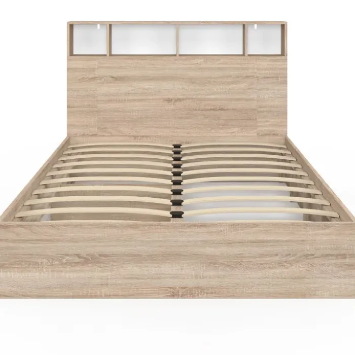 Lit double hêtre et blanc avec rangements + tête de lit et sommier 140x190 cm