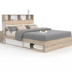 Lit double hêtre et blanc avec rangements + tête de lit et sommier 140x190 cm