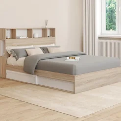 Lit double hêtre et blanc avec rangements + tête de lit et sommier 140x190 cm