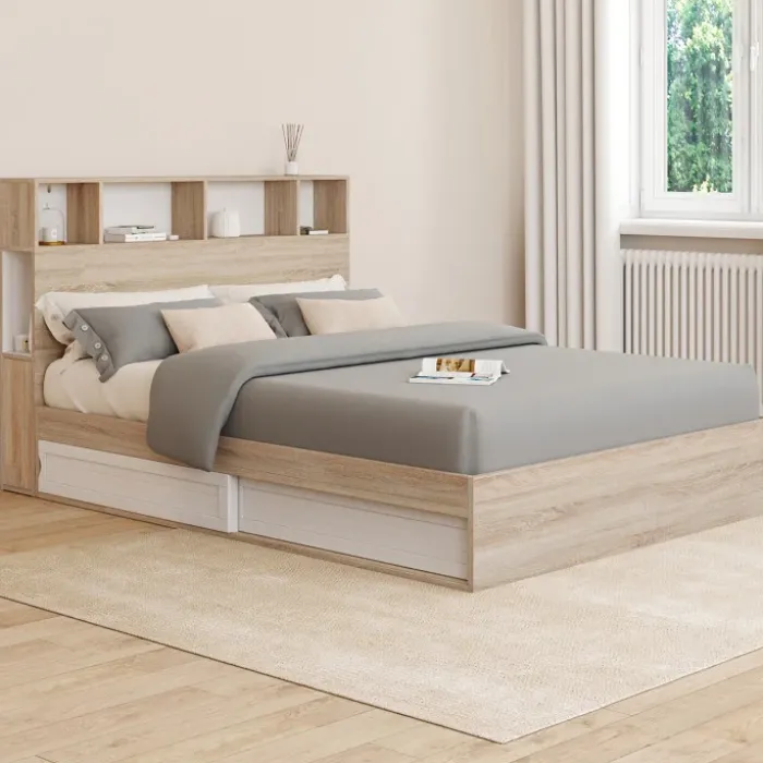 Lit double hêtre et blanc avec rangements + tête de lit et sommier 140x190 cm